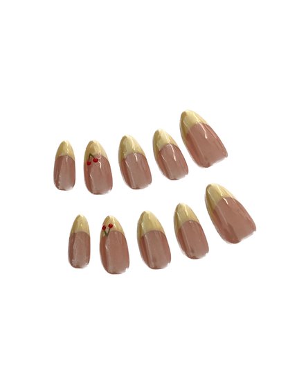 Pastel yellow cherry press-on nails
